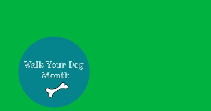 Walk your dog month text and bone icon over blue round banner against black background