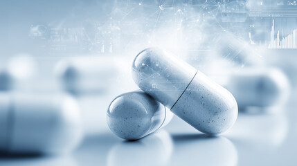 clinical pharmaceutical data analytics background, futuristic medical capsules with digital health interface, smart healthcare technology and drug research concept