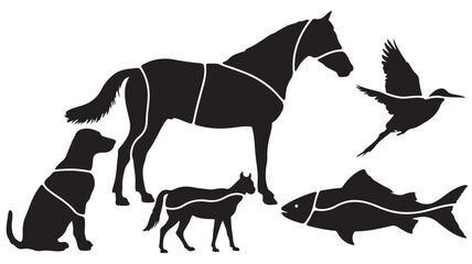 Black Silhouettes of Various Animals including Dog, Cat, Horse and Bird, and Fish on White Background