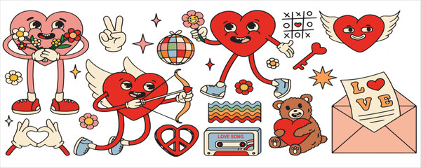 Retro cartoon Valentine's Day sticker set: Collection of heart mascots, cupid, and love icons