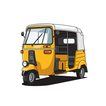 Yellow auto rickshaw vector illustration depicting classic three wheeled passenger taxi vehicle used in asian countries for urban transportation design isolated on white.