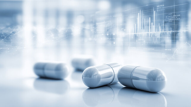 clinical pharmaceutical data analytics background, futuristic medical capsules with digital health interface, smart healthcare technology and drug research concept - Powered by Adobe