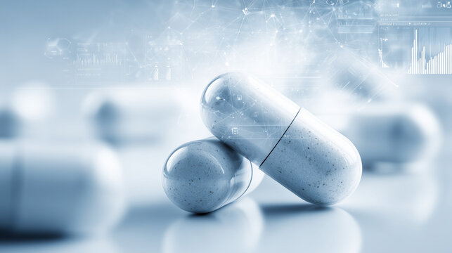 clinical pharmaceutical data analytics background, futuristic medical capsules with digital health interface, smart healthcare technology and drug research concept - Powered by Adobe