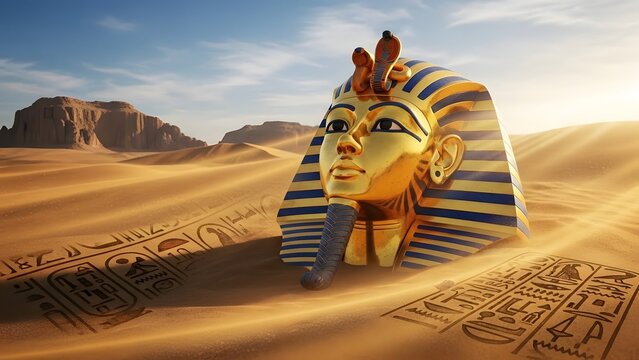 Tutankhamun tomb discovery golden mask emerging from sand ancient Egypt pharaoh treasure revelation