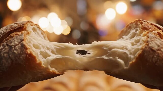 Warm torn rustic roll revealing gooey melted cheese, flour-dusted crust, hands pulling it apart now!