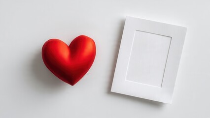 Red heart and empty white frame on white surface love symbol decoration