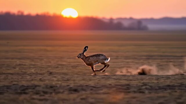 Wild brown hare running across a field at sunset with a large sun in the background