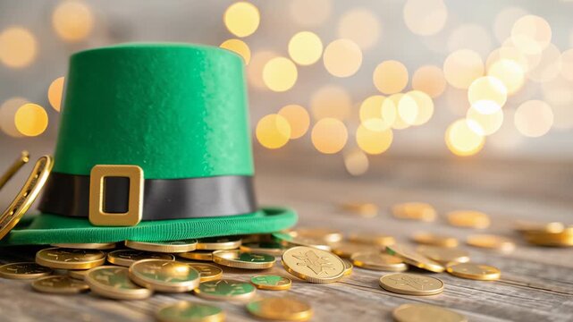 Festive St. Patrick Pattern Green Hat, Gold Coins, and Horseshoe in Vector Style Evoke Joyful Celebration