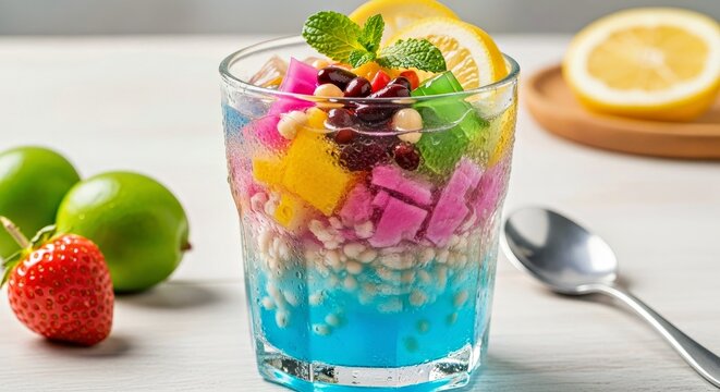 Refreshing Delight: A photorealistic, vibrant drink in a clear glass, brimming with colorful fruits, bobas, and a hint of mint, all set on a bright surface.