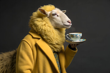 Stylized fashion portrait of an anthropomorphic sheep with fully dyed soft yellow fur, standing upright, wearing a stylish wool coat, calmly drinking tea from a porcelain teacup, peaceful elegant expr