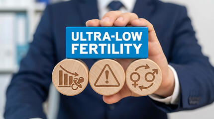 Concept of ultra low fertility and demographic crisis. Aging society and low birth rate in developed countries. Low natality rate causing elderly population