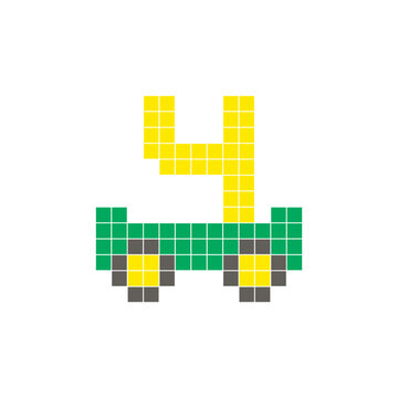 A flat pixel design made of geometric square color blocks on a clean icon layout. Pixel art cart and number 4