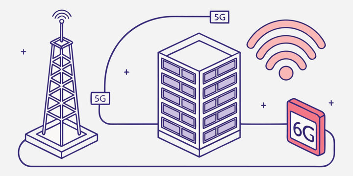 Minimalist isometric vector or line art illustration of a telecommunications tower connecting to a data server with 5g and 6g icons