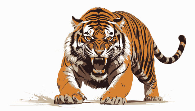A fierce, stylized illustration depicts a roaring big cat with orange and black stripes