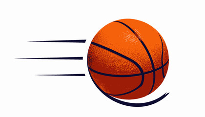 An orange, textured, and detailed sphere with dark lines, and streaks to show motion on a white background