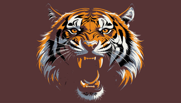 A ferocious tiger's head depicted in a graphic style, with open mouth, showing sharp teeth