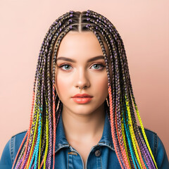 creative studio portrait of young woman with colorful braided hair and nose piercing