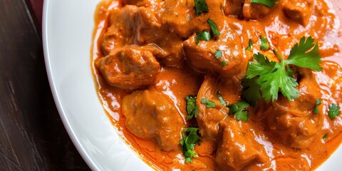 Delicious butter chicken dish with creamy tomato sauce and fresh cilantro garnish. National Curry Week National Food Month