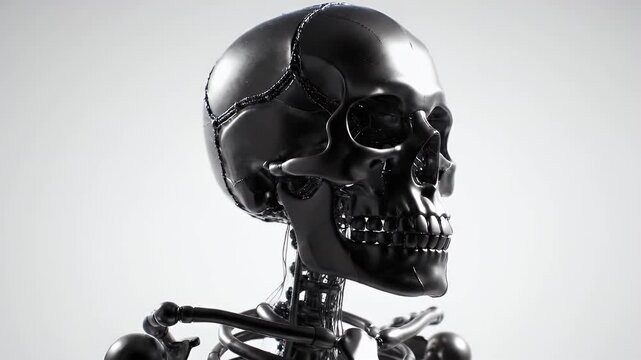 Futuristic Shiny Chrome Skull Sculpture with Intricate Mechanical Details on Light Background for Halloween or Sci-Fi