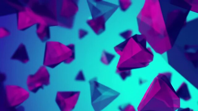 A dynamic video of endlessly looping vibrant, translucent magenta, deep blue, electric teal geometric triangles rotating, scaling, and shifting over a royal purple to aquamarine gradient,
