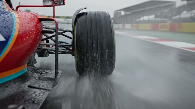 High-speed Race Car Wheel Splashing Water on Wet Track During Motorsport Event with Spectators in Background
