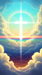 Radiant cross illuminated by heavenly light emerges through clouds. divine scene with vibrant colors and ethereal glow. essence of spiritual significance. easter resurrection concept. Good Friday.