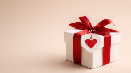 Fototapeta premium White gift box with red ribbon and heart tag from side angle