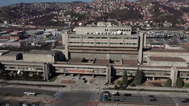 Aerial view of the Radio and Television of Bosnia and Herzegovina building in Sarajevo. Urban cityscape showing public media infrastructure