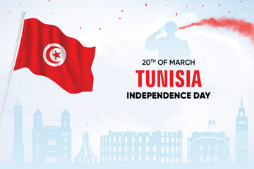 Tunisia Independence Day Vector Background Wth Tunisia Flag. National Patriotic Poster Design Template With Skyline and Air Show in Background.