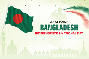 Bangladesh Independence Day Vector Background Wth Bangladesh Flag. National Patriotic Poster Design Template With Skyline and Air Show in Background.