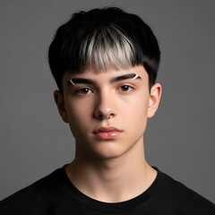 moody studio portrait of androgynous young person with short hair and facial piercings