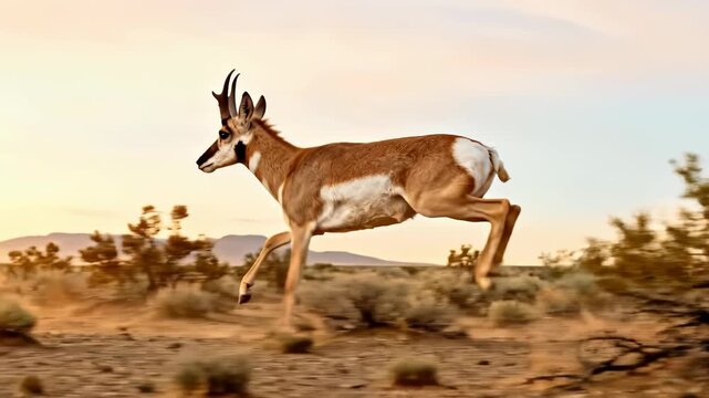 Pronghorn antelope running through the desert at high speed past sagebrush during a bright sunset