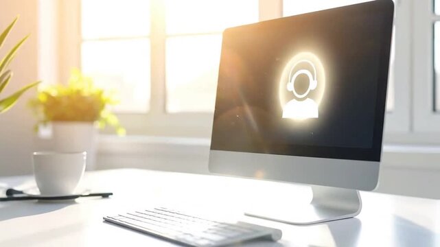 Modern desktop computer displaying customer service icon on screen in bright office.