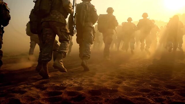 military squad in desert, fully equipped armed soldiers high-tech tactical gear, night-vision goggles, drones hovering glowing HUD overlays, performing coordinated scanning horizon, dynamic low-angle