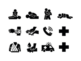 Image Generation. First aid life saving actions. Filled icon set of First aid life saving actions: chest