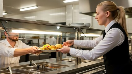 Food service staff serving meal in commercial kitchen