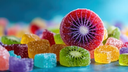A pile of colorful gummy candy with vibrant colors, featuring one large round red and purple kiwi fruit made from sugar crystals. The background is light navy blue. 
