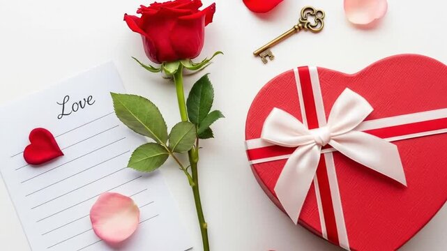 Valentines day composition red rose gift box and decorative elements