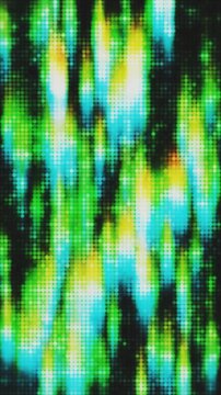 Green, blue, and yellow dot matrix lights shimmer against a dark background in this vertical design.