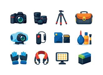Cold-Weather Camera Icons. Cold-weather camera gear. Colorful flat vector icons set of Cold-weather camera