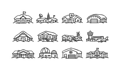 Cold-Region Building Icons. Cold-region public buildings. Line outline icon set of Cold-region public