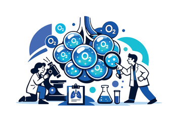 Image Generation. Breathing under a microscope. Enlarged alveoli depicted like soft bubbles, oxygen particles