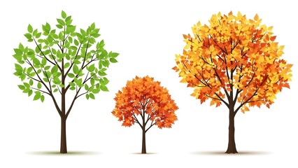 Obraz premium Three trees with different colored leaves represent the changing seasons in a simple illustration