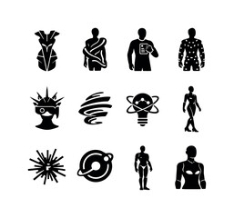 Future Wearable Art Icons. Future wearable art. Filled icon set of Future wearable art: artistic tech dress,