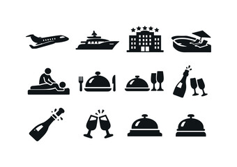 Image Generation. Luxury travel experiences. Filled icon set of Luxury travel experiences: private jet, luxury