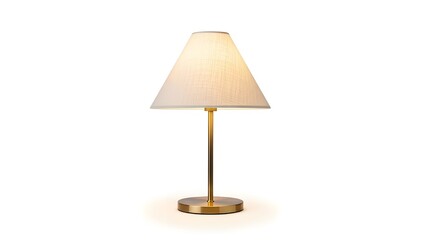 A stylish table lamp with a white shade and gold base on a plain background