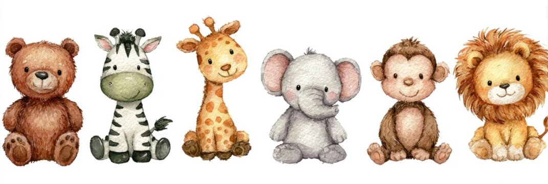 Watercolor illustration of six cute safari animals, including a bear, zebra, giraffe, elephant, monkey, and lion