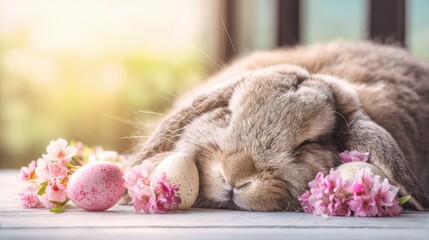 cute, fluffy bunny sleeping on the table with easter eggs and pink flowers