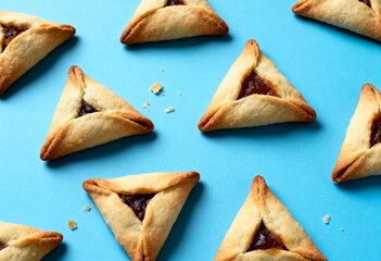 Traditional Hamantaschen cookies on blue background. Jewish Purim holiday pastry flat lay. Sweet triangular biscuits with jam filling pattern