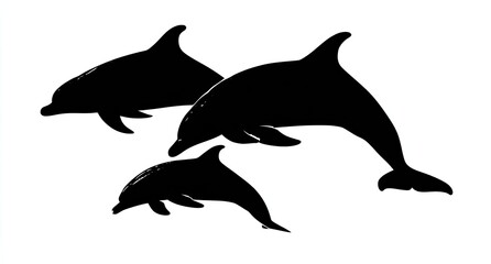 Fototapeta premium Silhouette depiction of three dolphins swimming against a white backdrop, showcasing aquatic life